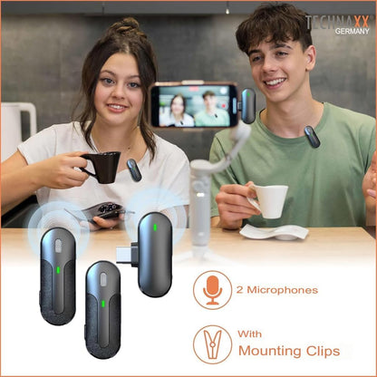 Set 2 Mini Microfoni Lavalier Wireless con Ricevitore USB-C e Custodia di Ricarica, TX301