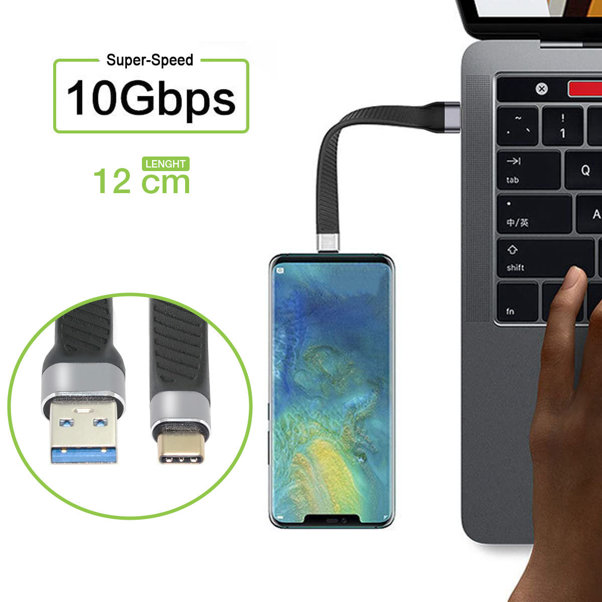 Cavo Corto Piatto USB-C Maschio a USB-A Maschio Ricarica Rapida FPC 12 cm