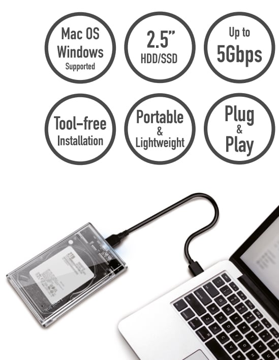 Box HDD/SSD Esterno per Disco Rigido 2.5'' USB 3.0 Trasparente con LED