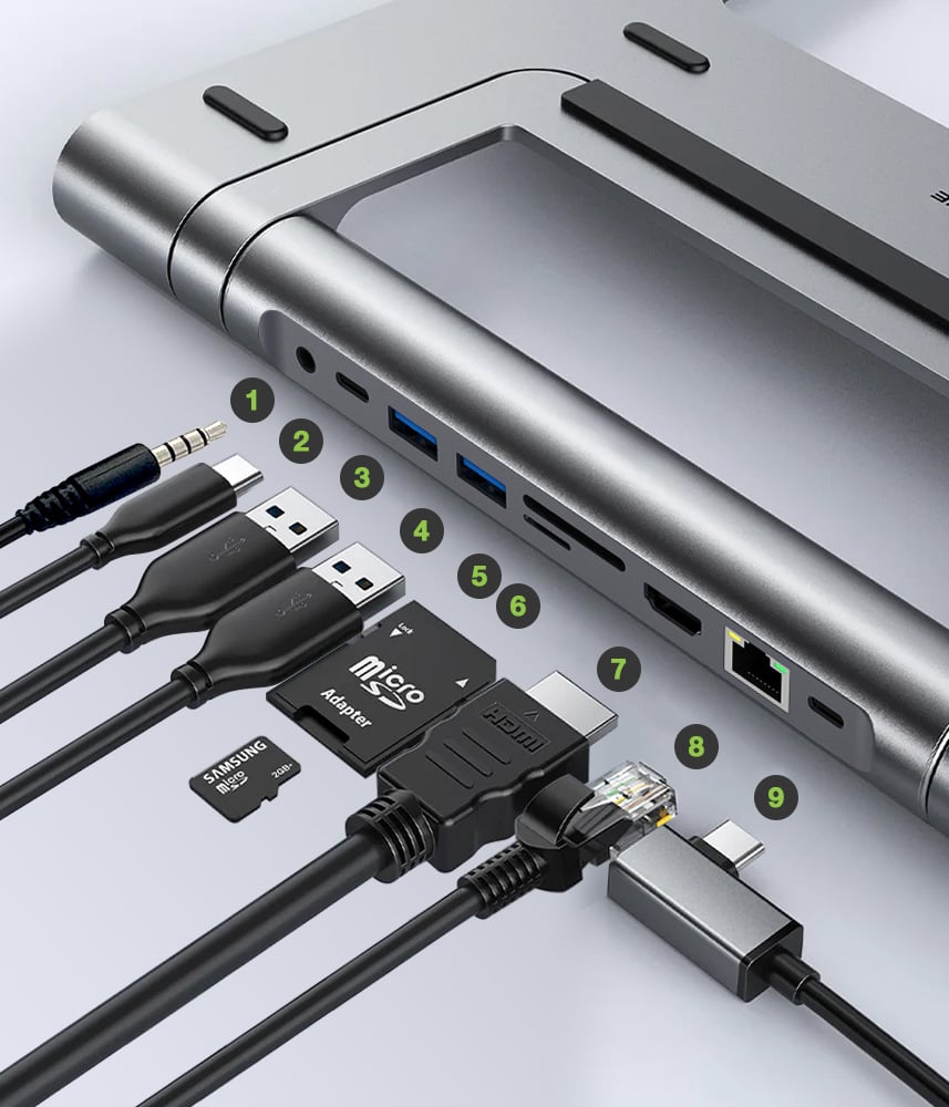 Docking Station USB-C 9 in 1 Hub USB3.1 Stand per Notebook Pieghevole