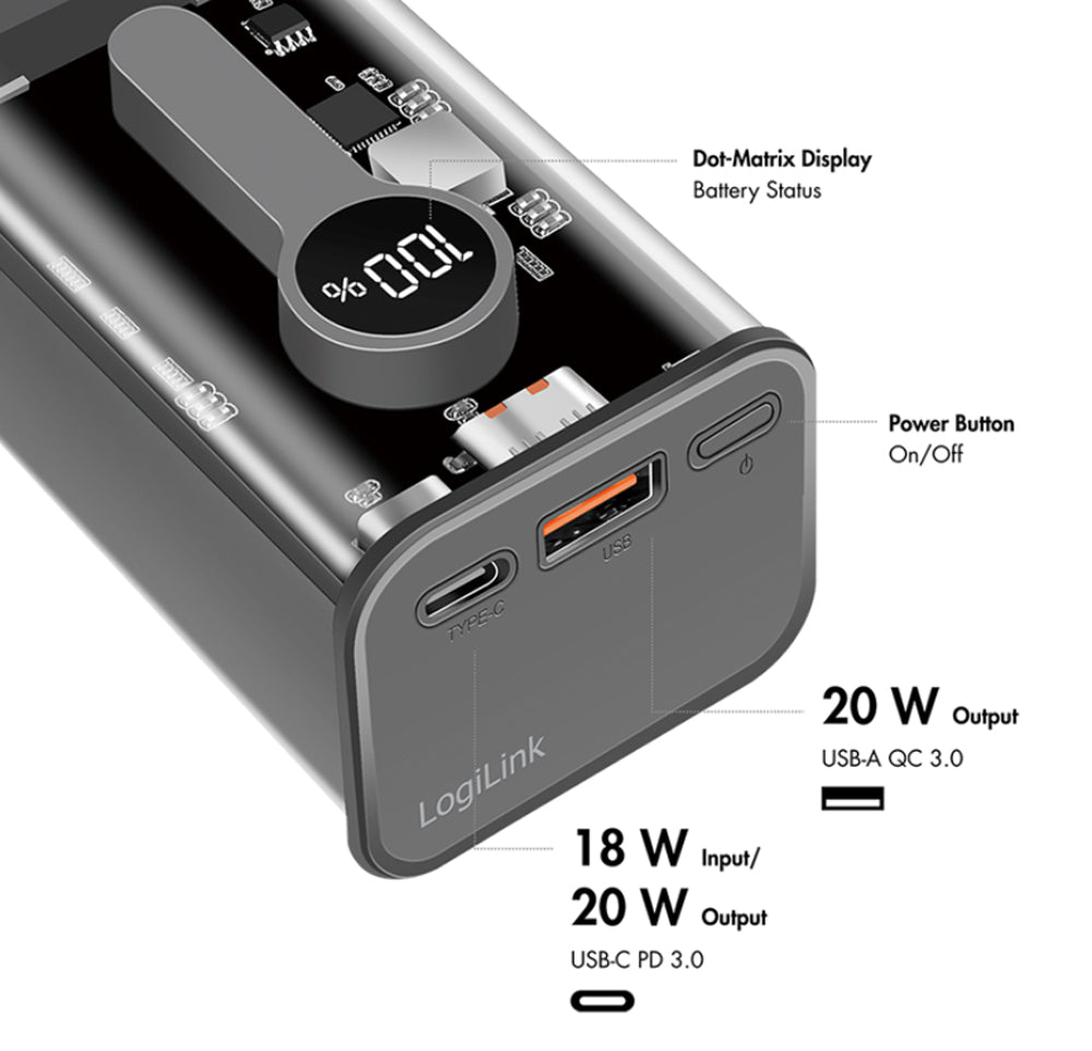 Power Bank 10000 mAh 1x USB-A 1x USB-C con Display PD & QC Trasparente