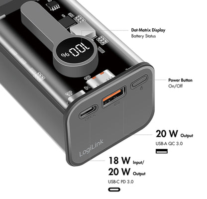 Power Bank 10000 mAh 1x USB-A 1x USB-C con Display PD & QC Trasparente