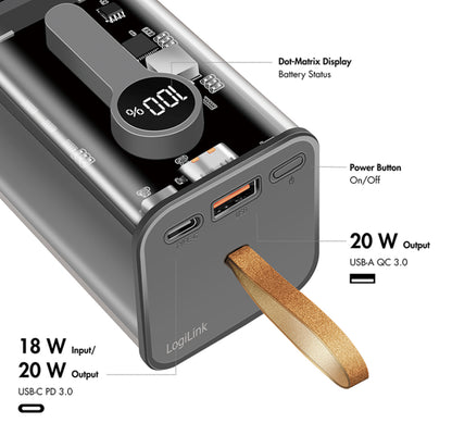 Power Bank 20000 mAh 1x USB-A 1x USB-C con Display PD & QC Trasparente