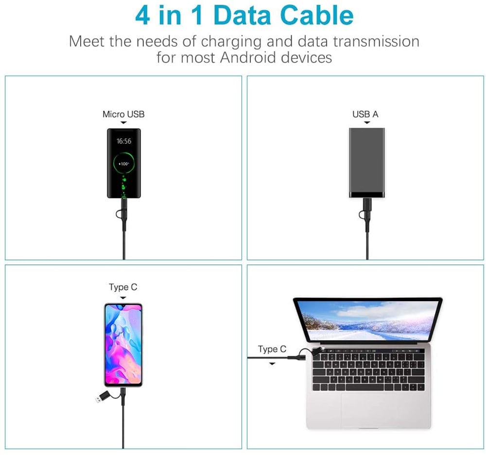Cavo di Sincronizzazione e Ricarica USB-C USB-A e Micro USB 1.2m Nero