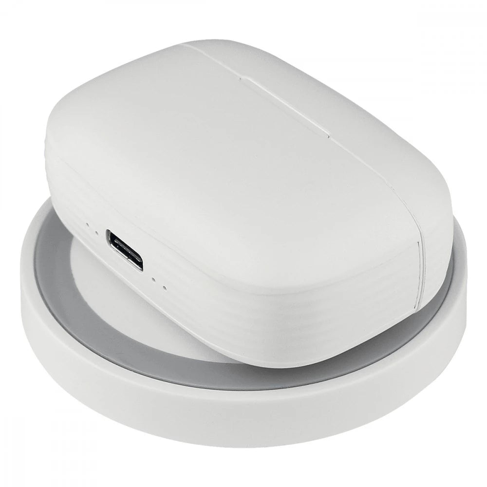 Cuffie Auricolari TWS Jive con Custodia di Ricarica USB-C e Pad Caricatore a Induzione Bianco