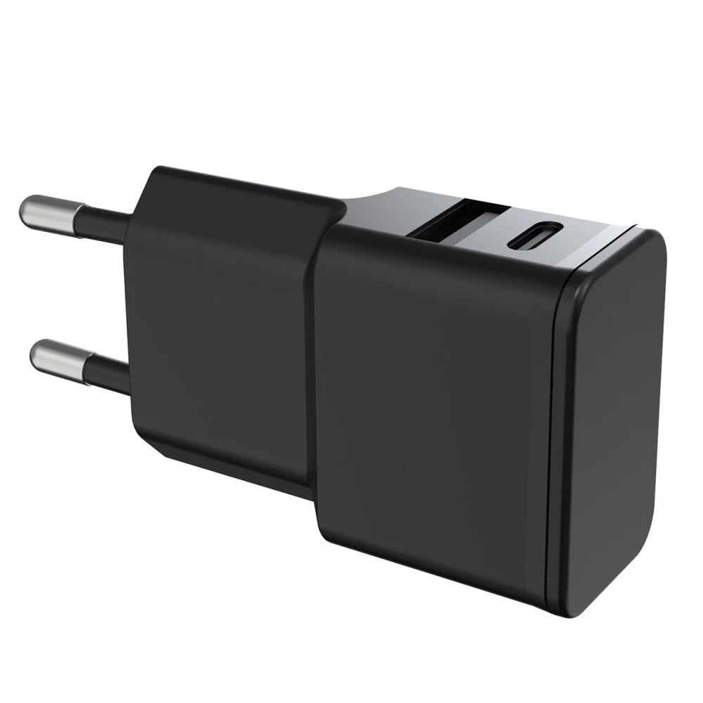 Caricatore Alimentatore USB-C e USB-A da Muro per Smartphone e Tablet Nero