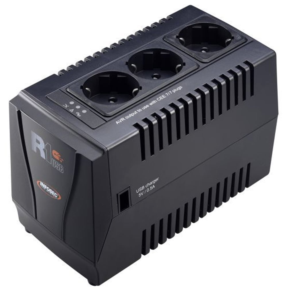 Regolatore automatico di tensione R1 USB 600VA con 3 Prese Schuko Nero