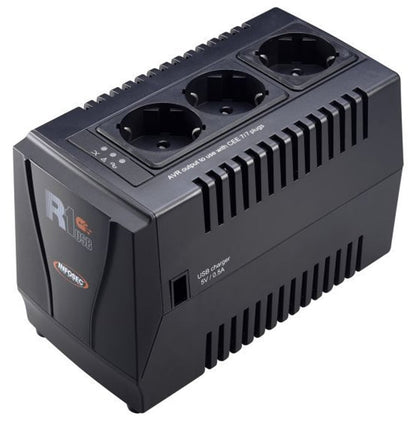 Regolatore automatico di tensione R1 USB 600VA con 3 Prese Schuko Nero