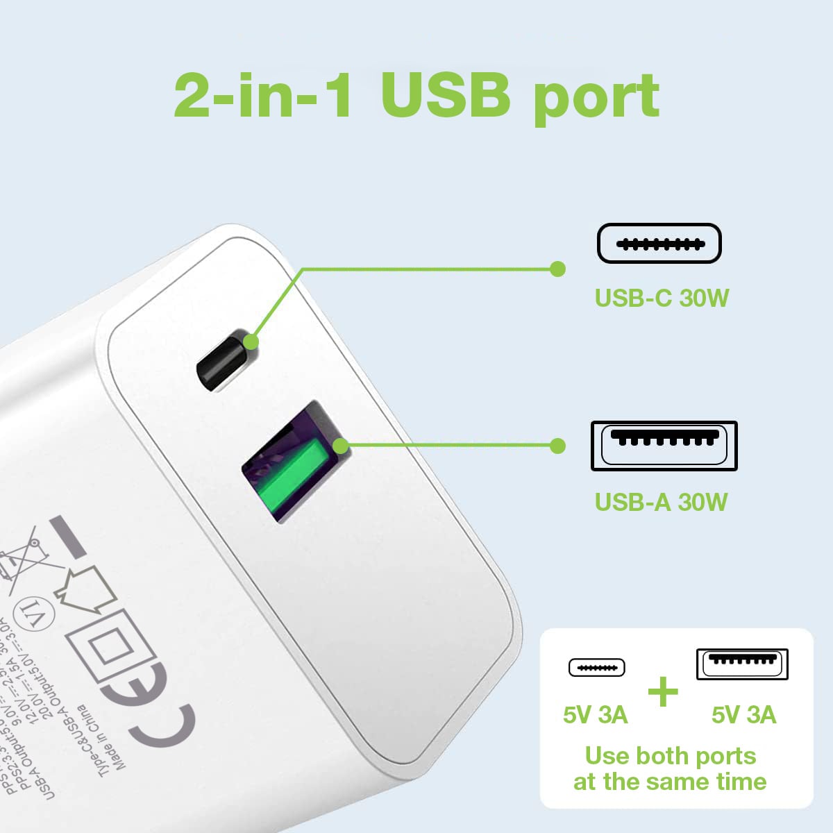 Caricatore Alimentatore GaN USB-C 30W e USB-A QC3.0 da Muro