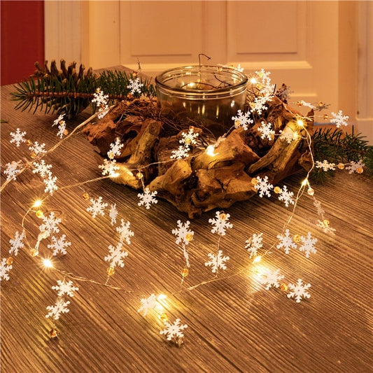 Stringa 10 LED Fiocchi di Neve IP20 Bianco Caldo a Batteria con Timer