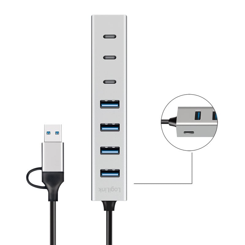 Hub USB 3.2 4 porte USB-A e 3 porte USB-C Alluminio Silver