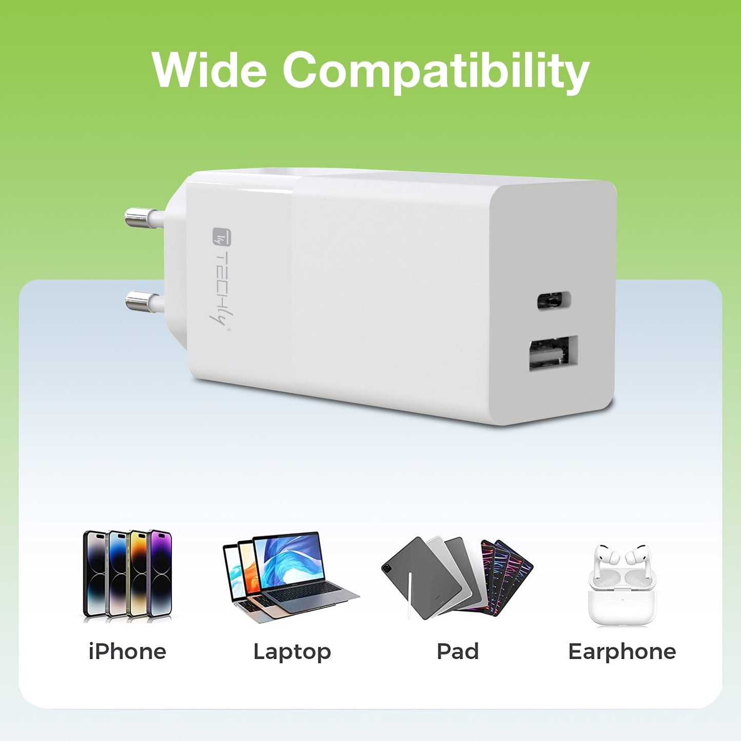 Caricatore Alimentatore USB-C e USB-A da Muro 100W per Smartphone o Tablet