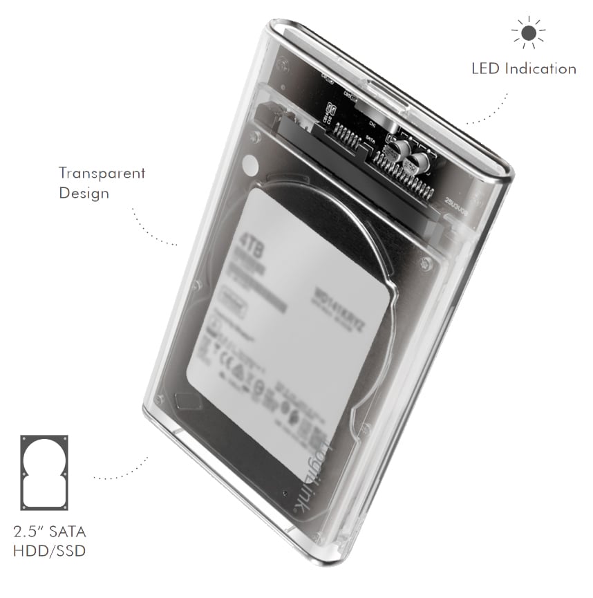 Box HDD/SSD Esterno per Disco Rigido 2.5'' USB 3.0 Trasparente con LED
