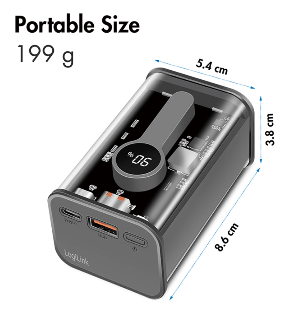 Power Bank 10000 mAh 1x USB-A 1x USB-C con Display PD & QC Trasparente