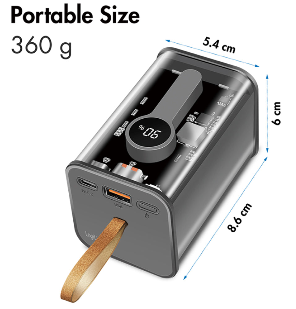 Power Bank 20000 mAh 1x USB-A 1x USB-C con Display PD & QC Trasparente