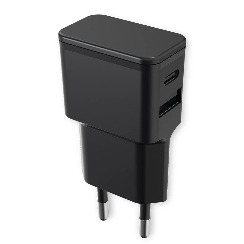 Caricatore Alimentatore USB-C e USB-A da Muro per Smartphone e Tablet Nero