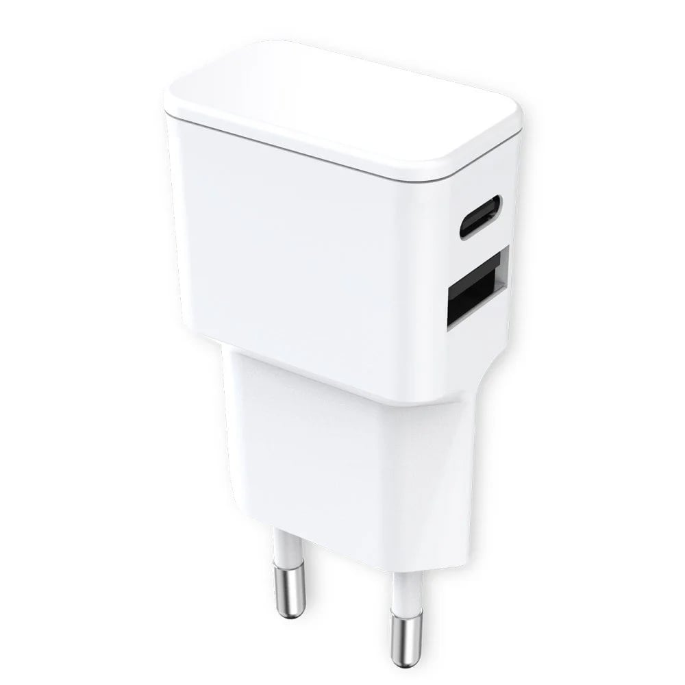 Caricatore Alimentatore USB-C e USB-A da Muro per Smartphone e Tablet Bianco