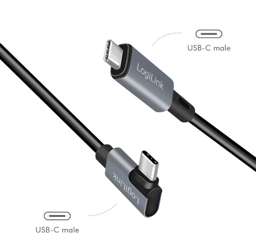 Cavo HighSpeed E-mark PD USB-C Maschio Angolato/USB-C Maschio Dritto 2m Nero