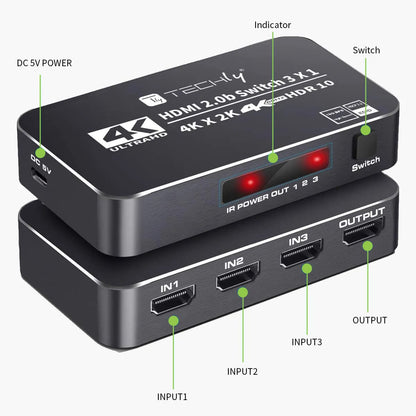 Switch HDMI 2.0b 3in 1out 4K HDR HDCP2.2 con Telecomando