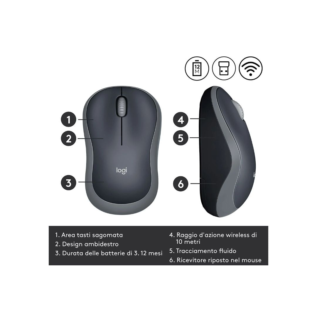 MOUSE OTTICO CORDLESS USB LOGITECH M185 SWIFT GREY 910-002238