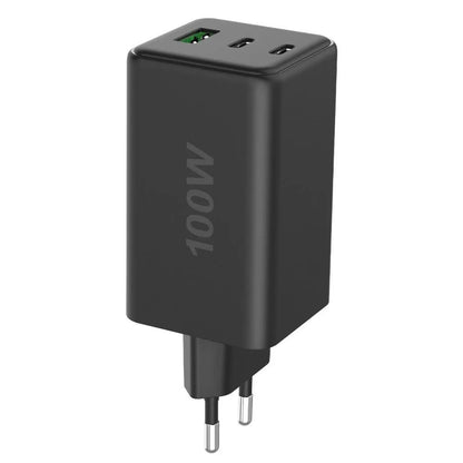 Caricatore Alimentatore GaN 100W 2x USB-C 1x USB-A Power Delivery Fast Charger Nero