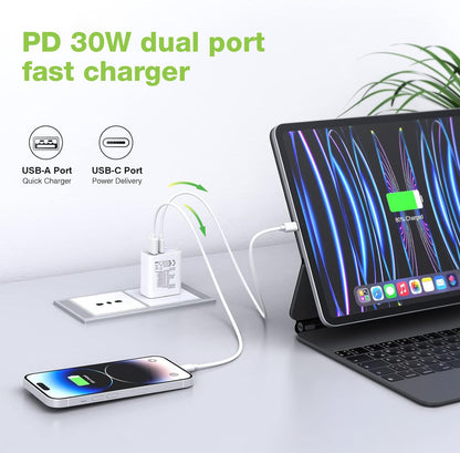 Caricatore Alimentatore GaN USB-C 30W e USB-A QC3.0 da Muro