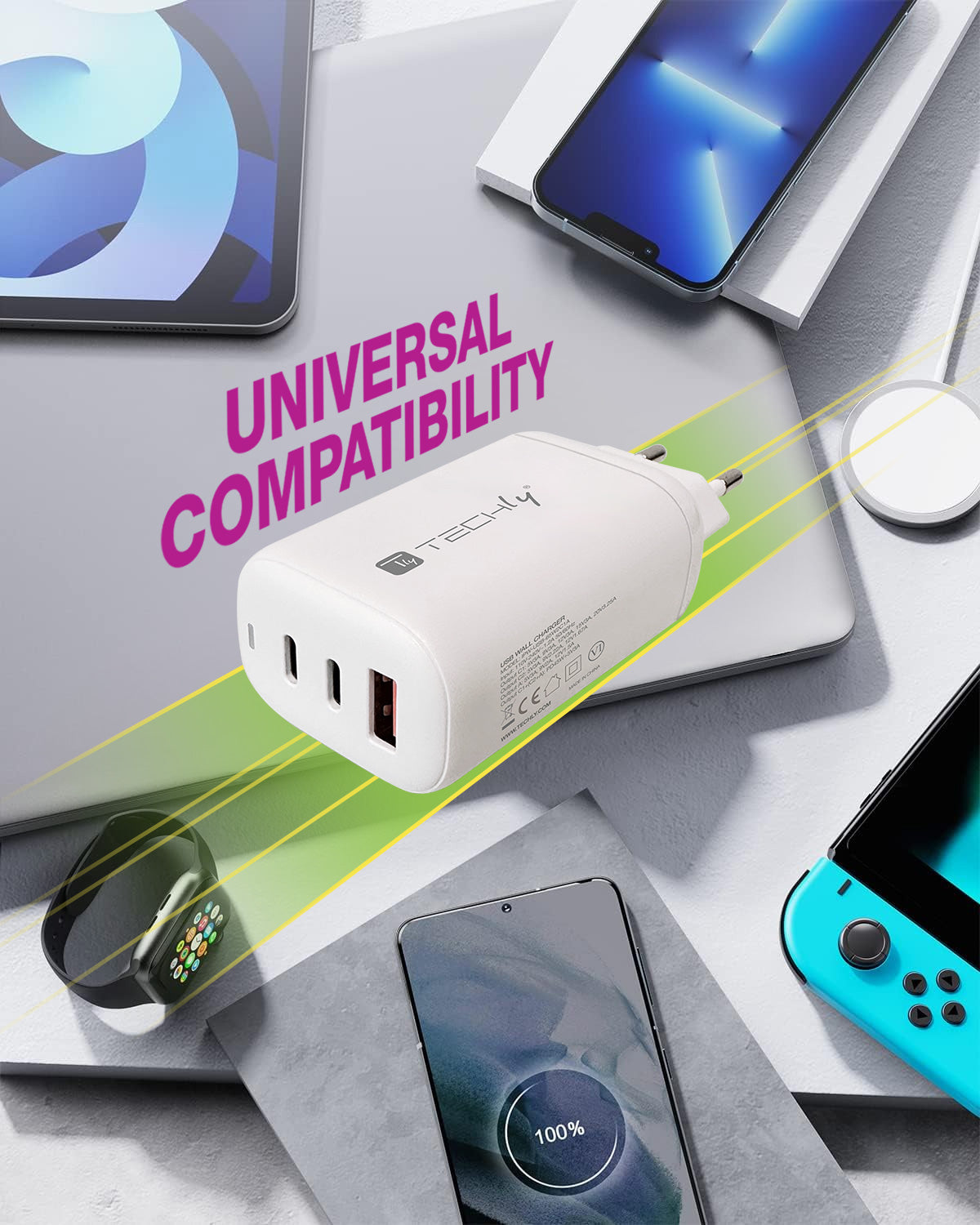 Caricatore Alimentatore 2 porte USB-C e 1 USB-A da Muro 65W