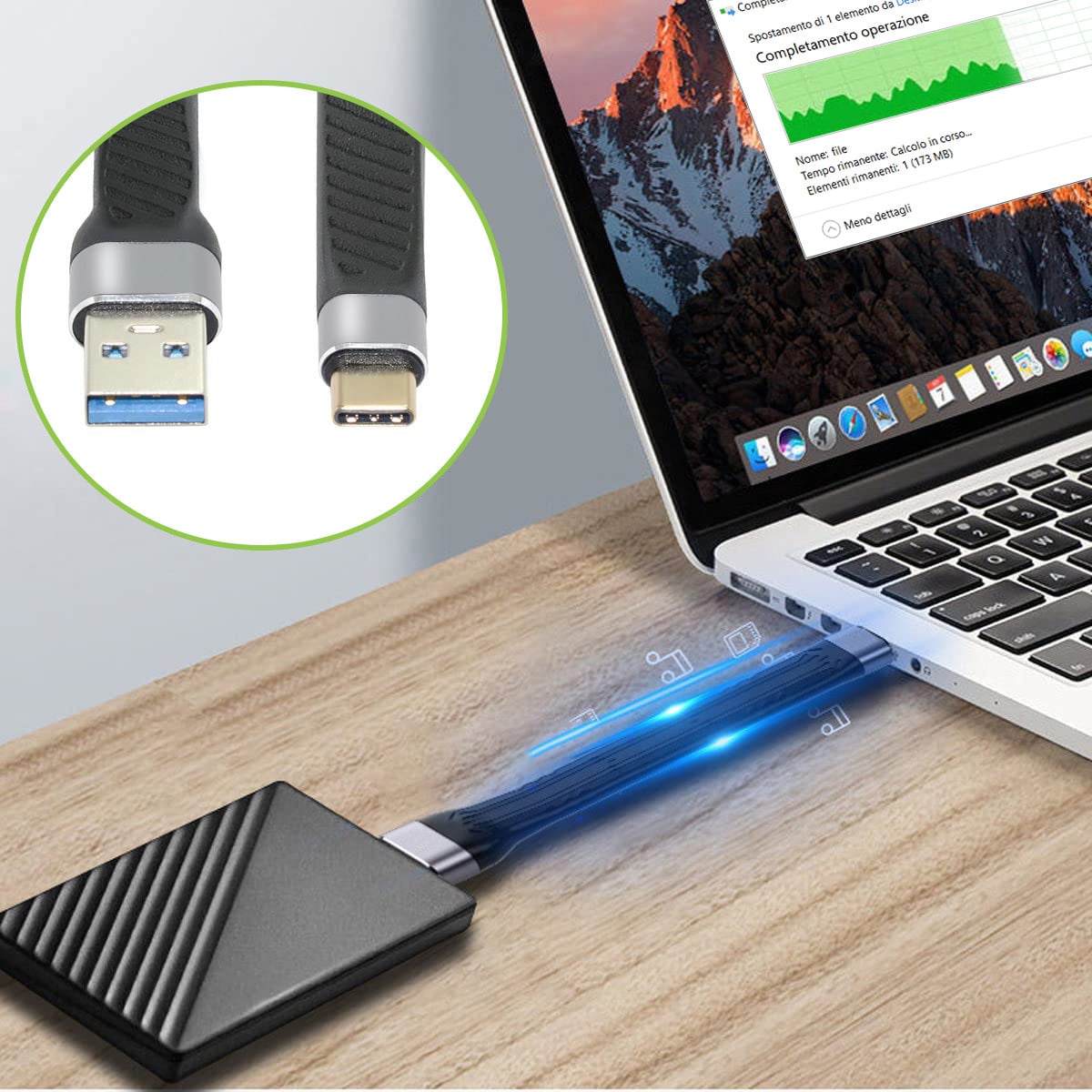 Cavo Corto Piatto USB-C Maschio a USB-A Maschio Ricarica Rapida FPC 12 cm