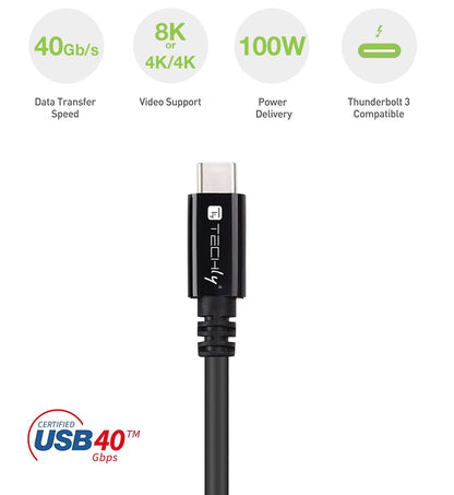 Cavo USB 4 Gen 3 Type-C Thunderbolt M/M E-Mark 8K 40Gbps 100W PD 0,8m Nero