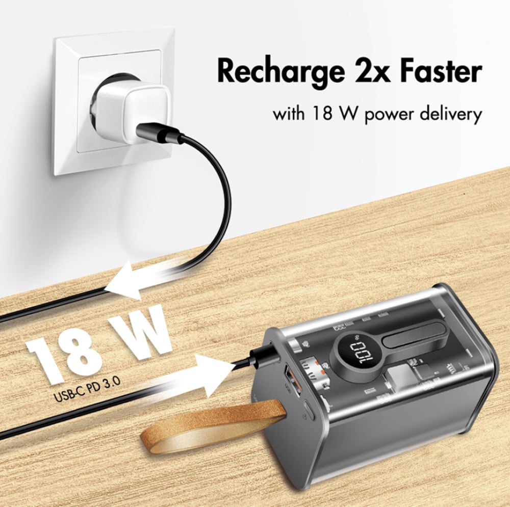 Power Bank 20000 mAh 1x USB-A 1x USB-C con Display PD & QC Trasparente