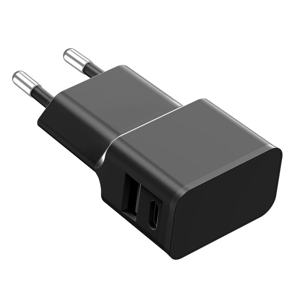 Caricatore Alimentatore USB-C e USB-A da Muro per Smartphone e Tablet Nero