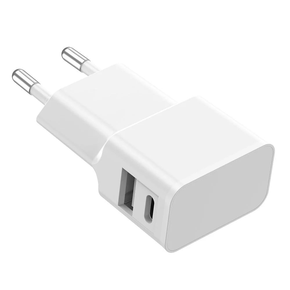 Caricatore Alimentatore USB-C e USB-A da Muro per Smartphone e Tablet Bianco