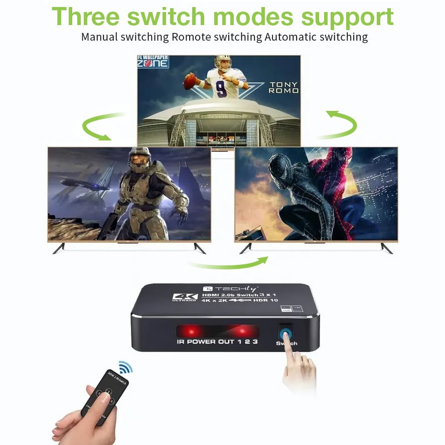 Switch HDMI 2.0b 3in 1out 4K HDR HDCP2.2 con Telecomando