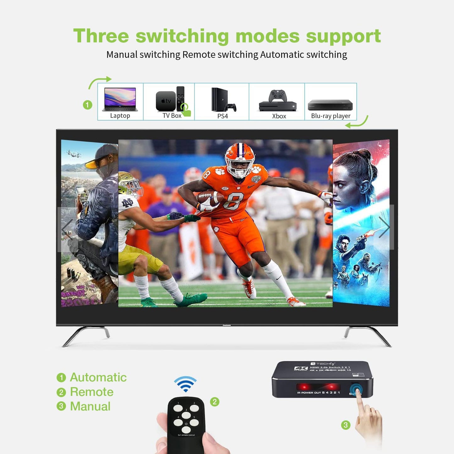 Switch HDMI 2.0b 5in 1out 4K HDR HDCP2.2 con Telecomando