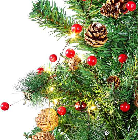 20 Luci LED in Filo d'argento Pigne e Bacche Rosse