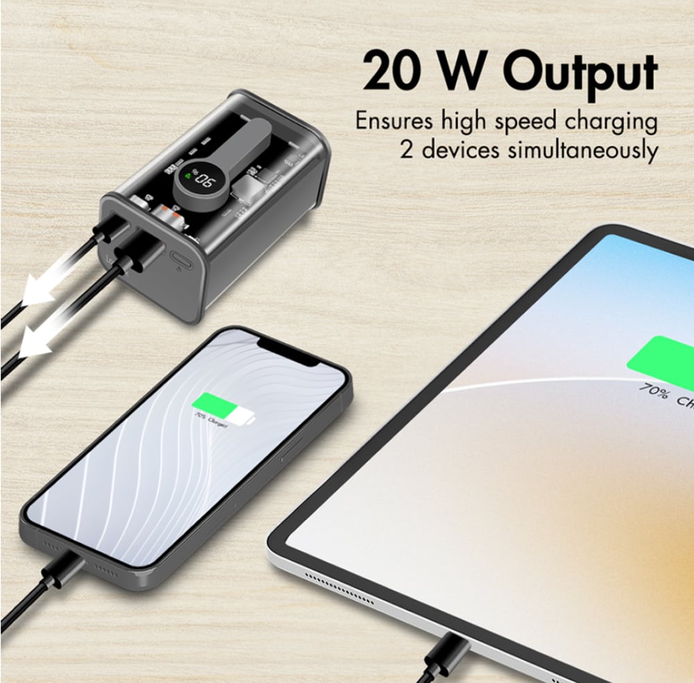 Power Bank 10000 mAh 1x USB-A 1x USB-C con Display PD & QC Trasparente