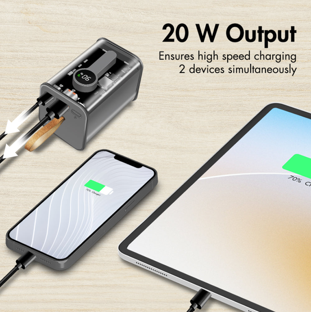 Power Bank 20000 mAh 1x USB-A 1x USB-C con Display PD & QC Trasparente