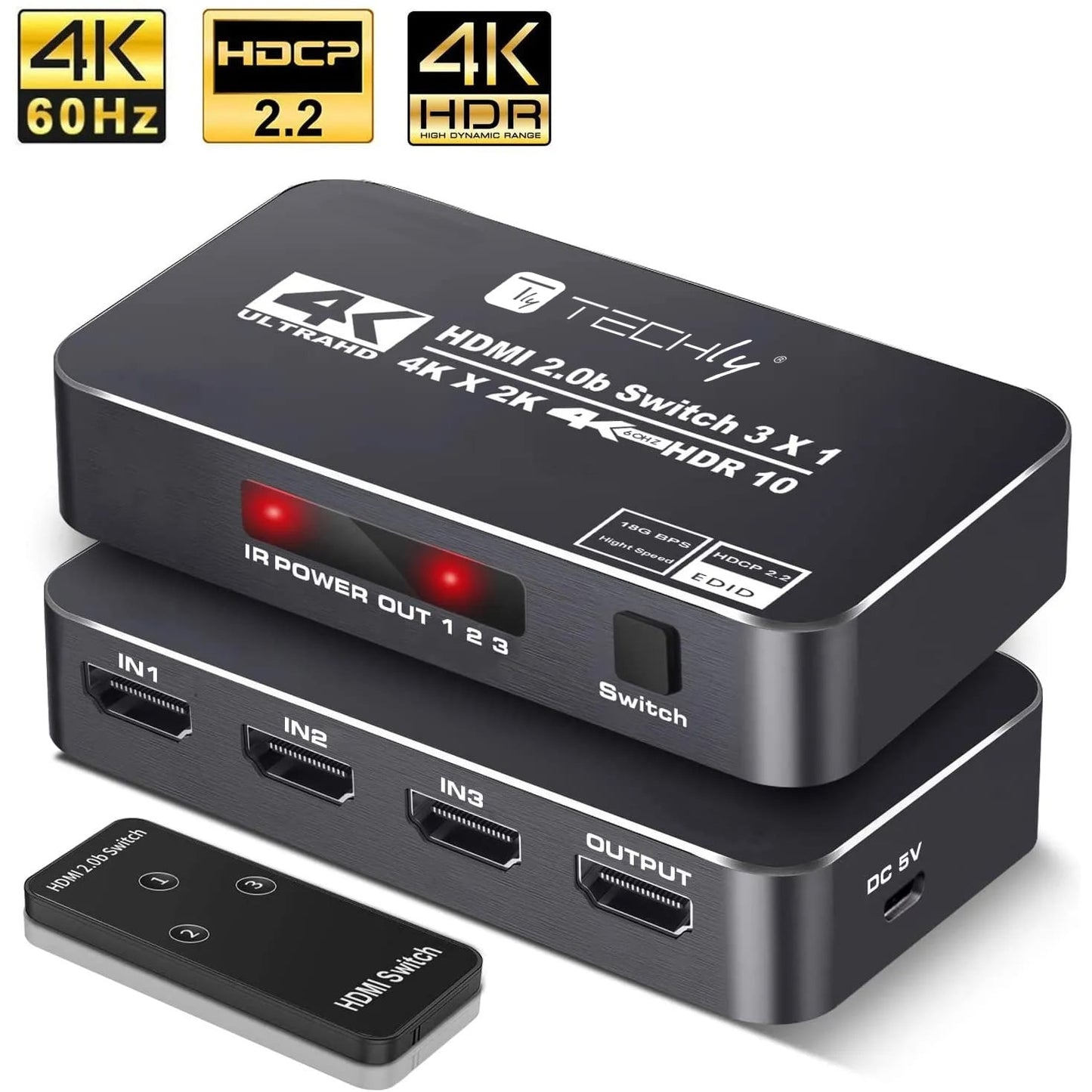 Switch HDMI 2.0b 3in 1out 4K HDR HDCP2.2 con Telecomando