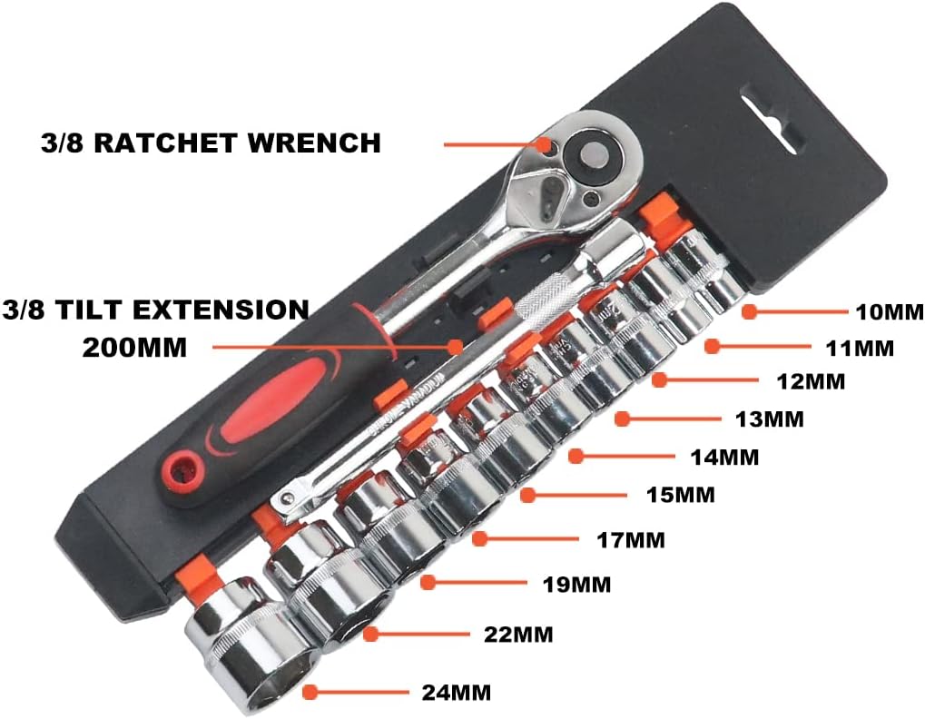 12 Pezzi Set di Chiavie 3/8" Set Cricchetto e Bussole 8mm - 19mm Inserti Esagonali 155MM Cricchetto Reversibile in Cr-V con Pulsante di Scatto Strumento di Riparazione