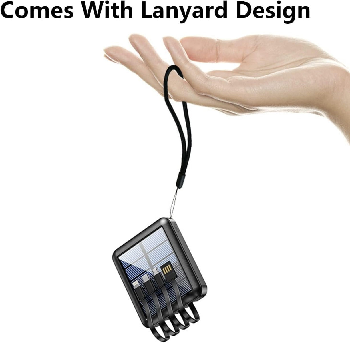 Solar Power Bank - Mini Caricatore Solare con 4 Cavi Integrati e Torcia LED 12000 mAh