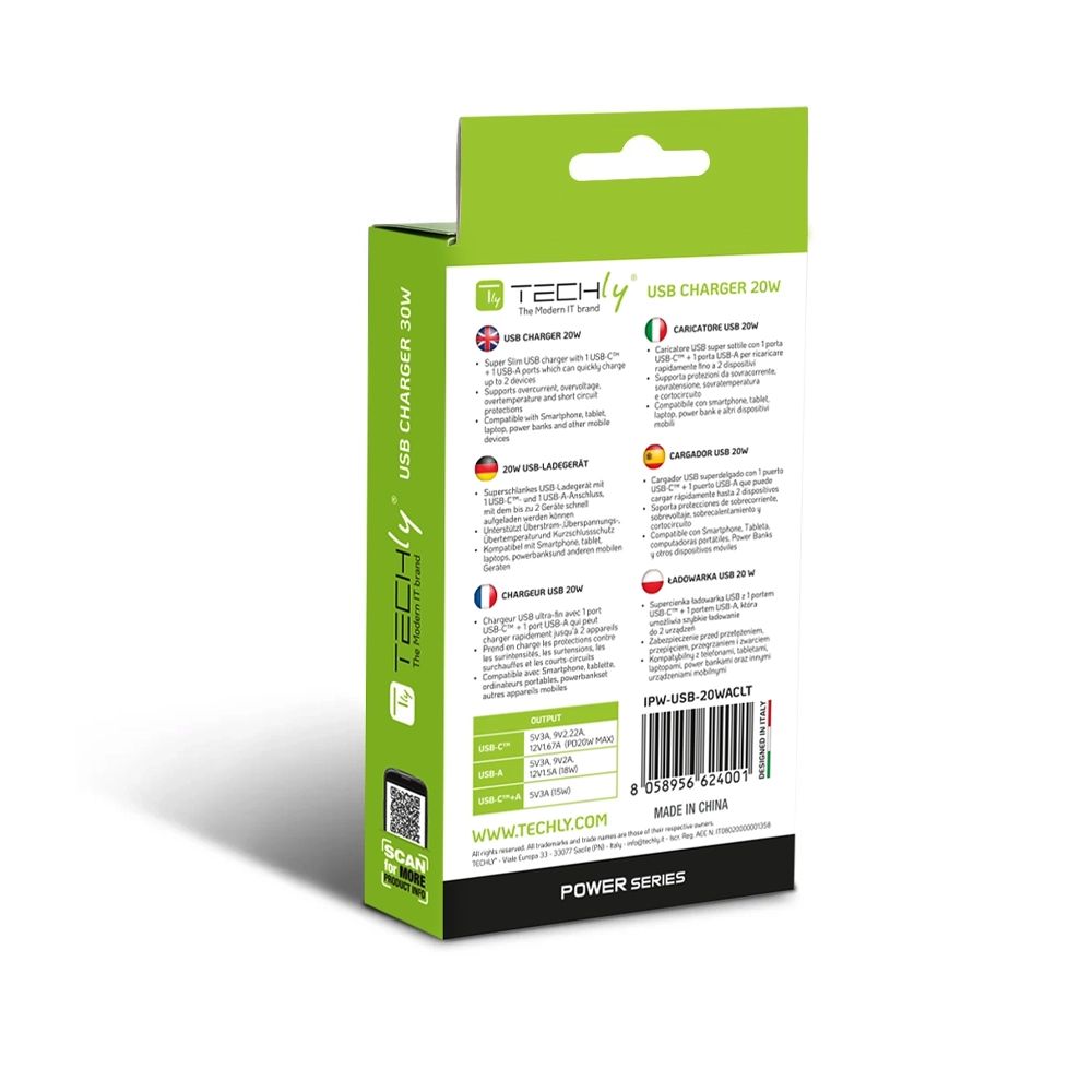 Caricatore Alimentatore USB-C 20W e USB-A QC da Muro