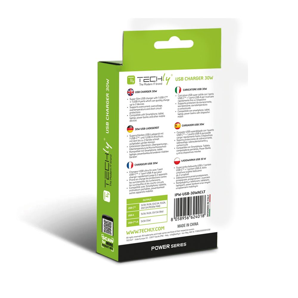 Caricatore Alimentatore USB-C 30W e USB-A QC da Muro