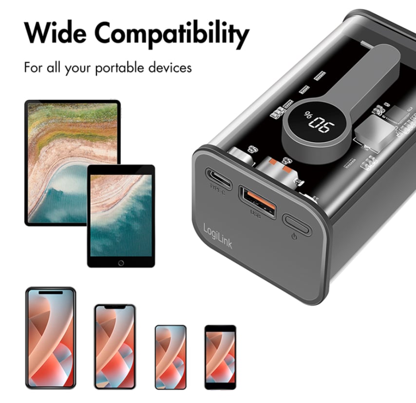 Power Bank 10000 mAh 1x USB-A 1x USB-C con Display PD & QC Trasparente