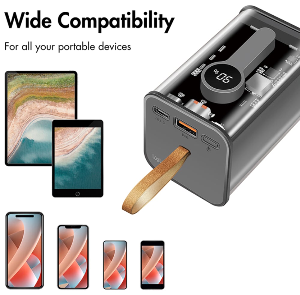 Power Bank 20000 mAh 1x USB-A 1x USB-C con Display PD & QC Trasparente