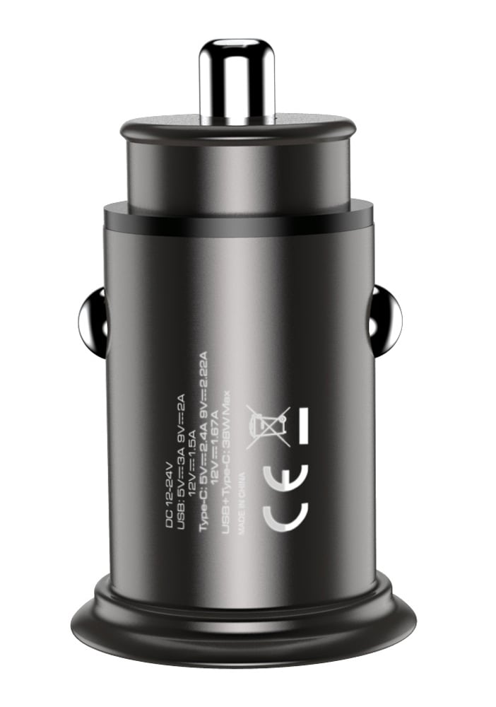 Mini Caricatore da Auto USB-A e USB-C Ricarica rapida 38W Metallo Nero