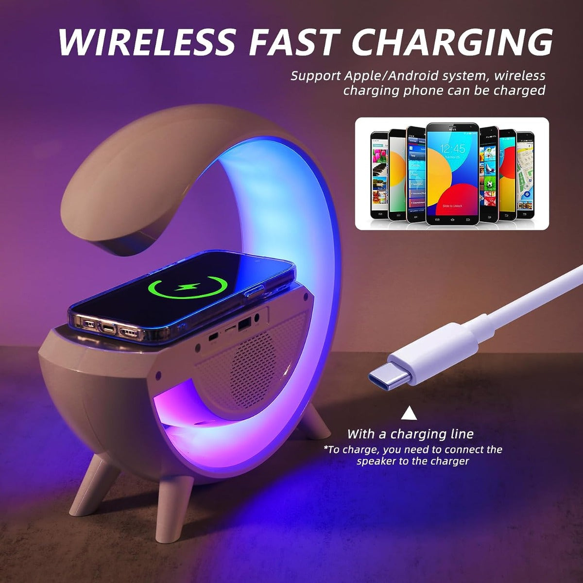 Altoparlante bluetooth luce led con orologio caricabatterie wireless audio lampada a forma di g