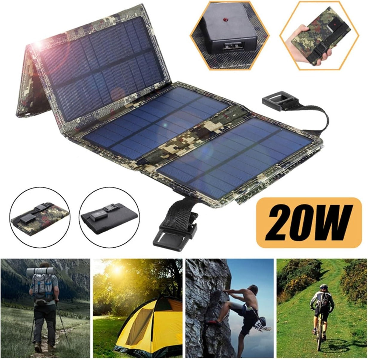Pannello Solare Pieghevole USB 20W – Portatile, Impermeabile, Flessibile, per Ricarica di Telefoni e Power Bank