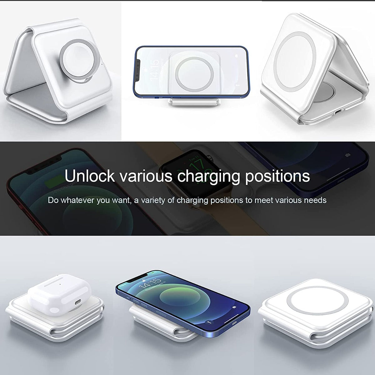 Caricabatterie wireless 3 in 1 pieghevole stazione di ricarica wireless rapida docking station caricatore senza fili