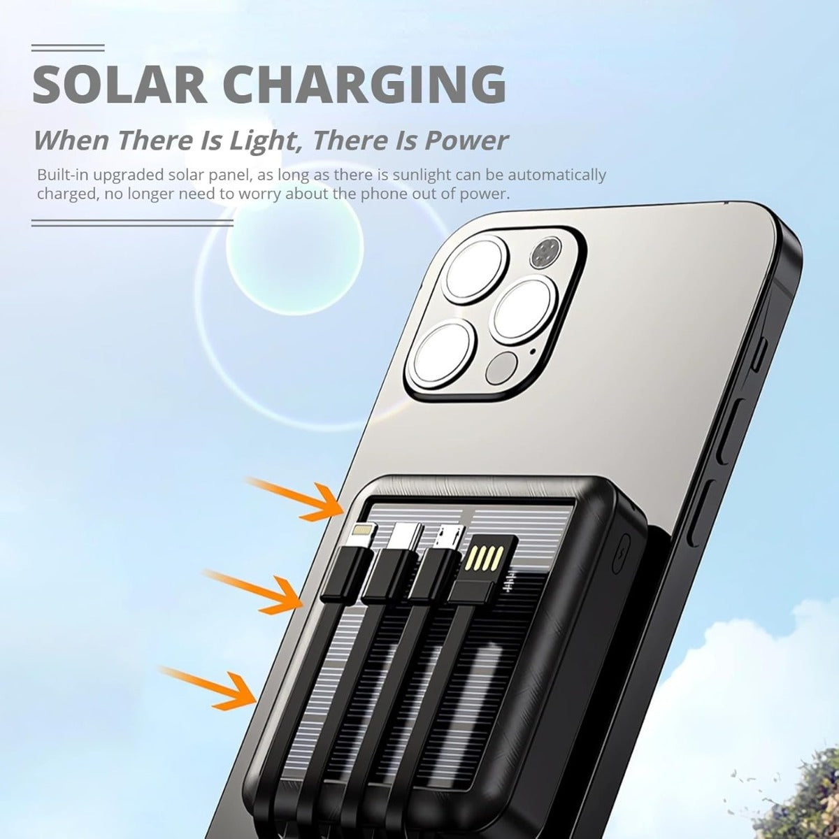 Solar Power Bank - Mini Caricatore Solare con 4 Cavi Integrati e Torcia LED 12000 mAh