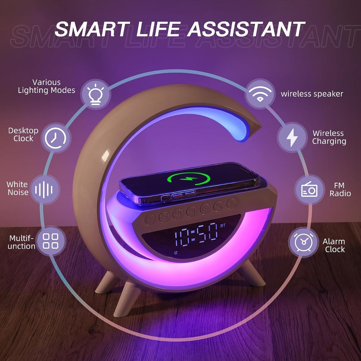 Altoparlante bluetooth luce led con orologio caricabatterie wireless audio lampada a forma di g